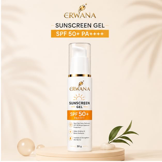 ERWANA Sunscreen Gel SPF 50+ PA++++ | Broad Spectrum UV Protection | Lightweight & Non-Greasy | 50g