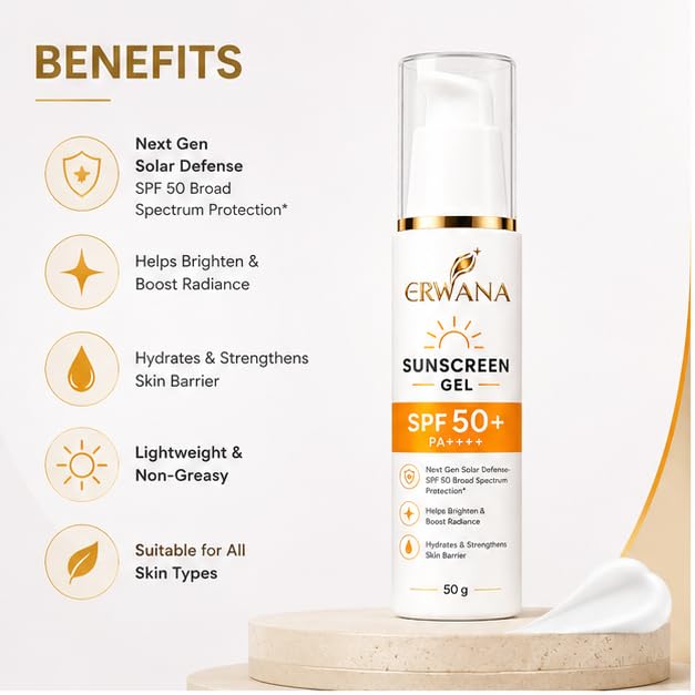 ERWANA Sunscreen Gel SPF 50+ PA++++ | Broad Spectrum UV Protection | Lightweight & Non-Greasy | 50g