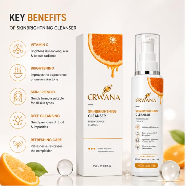 Skin Brightening Cleanser with Vitamin C & Fresh Orange Essence | Daily Face Cleanser for Radiant Looking Skin | Removes Dirt, Oil & Impurities | Gentle Face Wash for All Skin Types | 100 ml