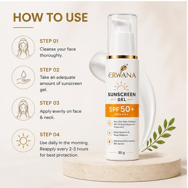 ERWANA Sunscreen Gel SPF 50+ PA++++ | Broad Spectrum UV Protection | Lightweight & Non-Greasy | 50g