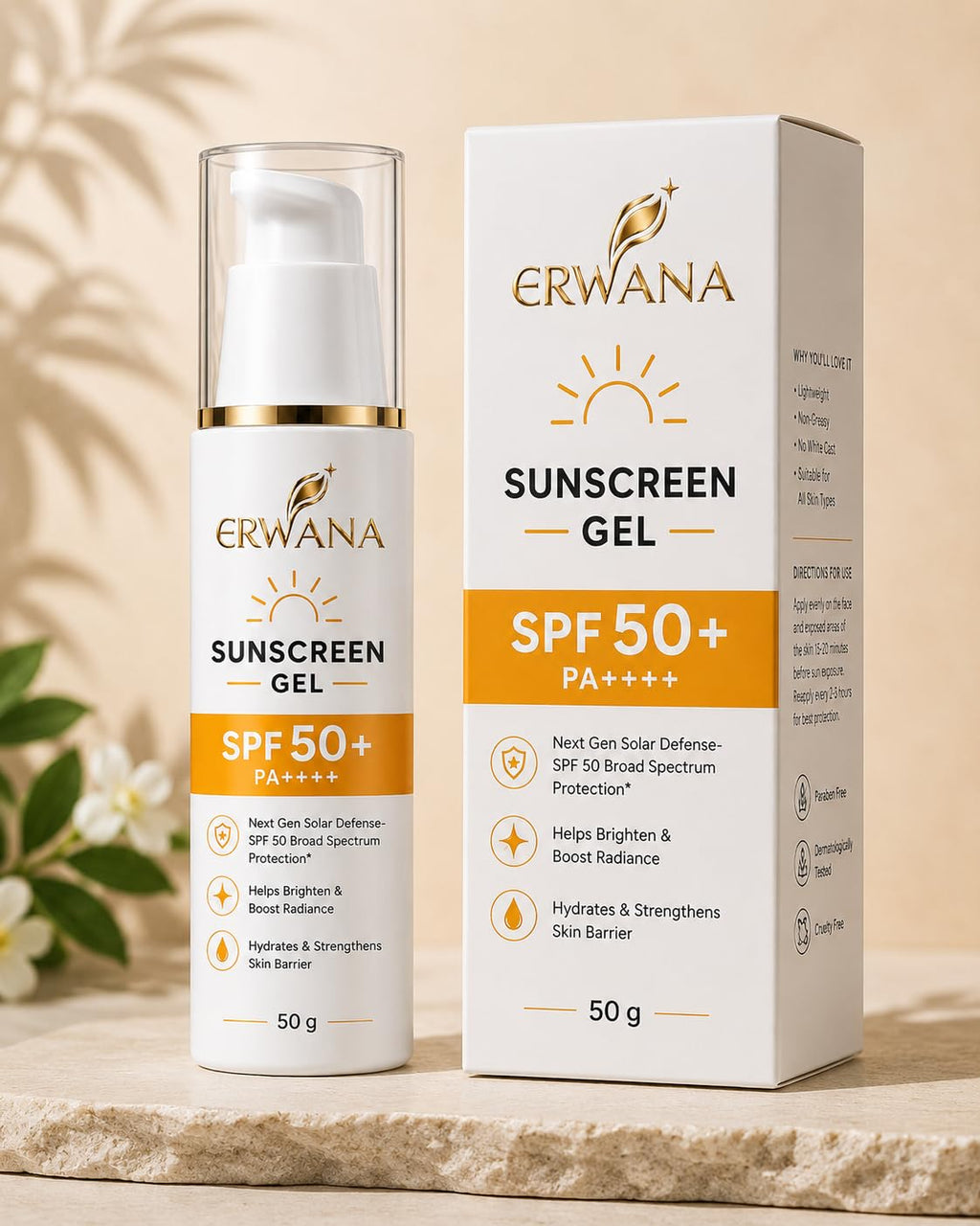 ERWANA Sunscreen Gel SPF 50+ PA++++ | Broad Spectrum UV Protection | Lightweight & Non-Greasy | 50g
