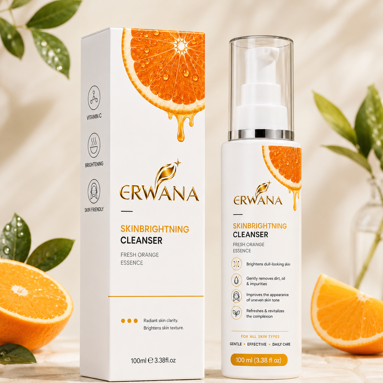Skin Brightening Cleanser with Vitamin C & Fresh Orange Essence | Daily Face Cleanser for Radiant Looking Skin | Removes Dirt, Oil & Impurities | Gentle Face Wash for All Skin Types | 100 ml
