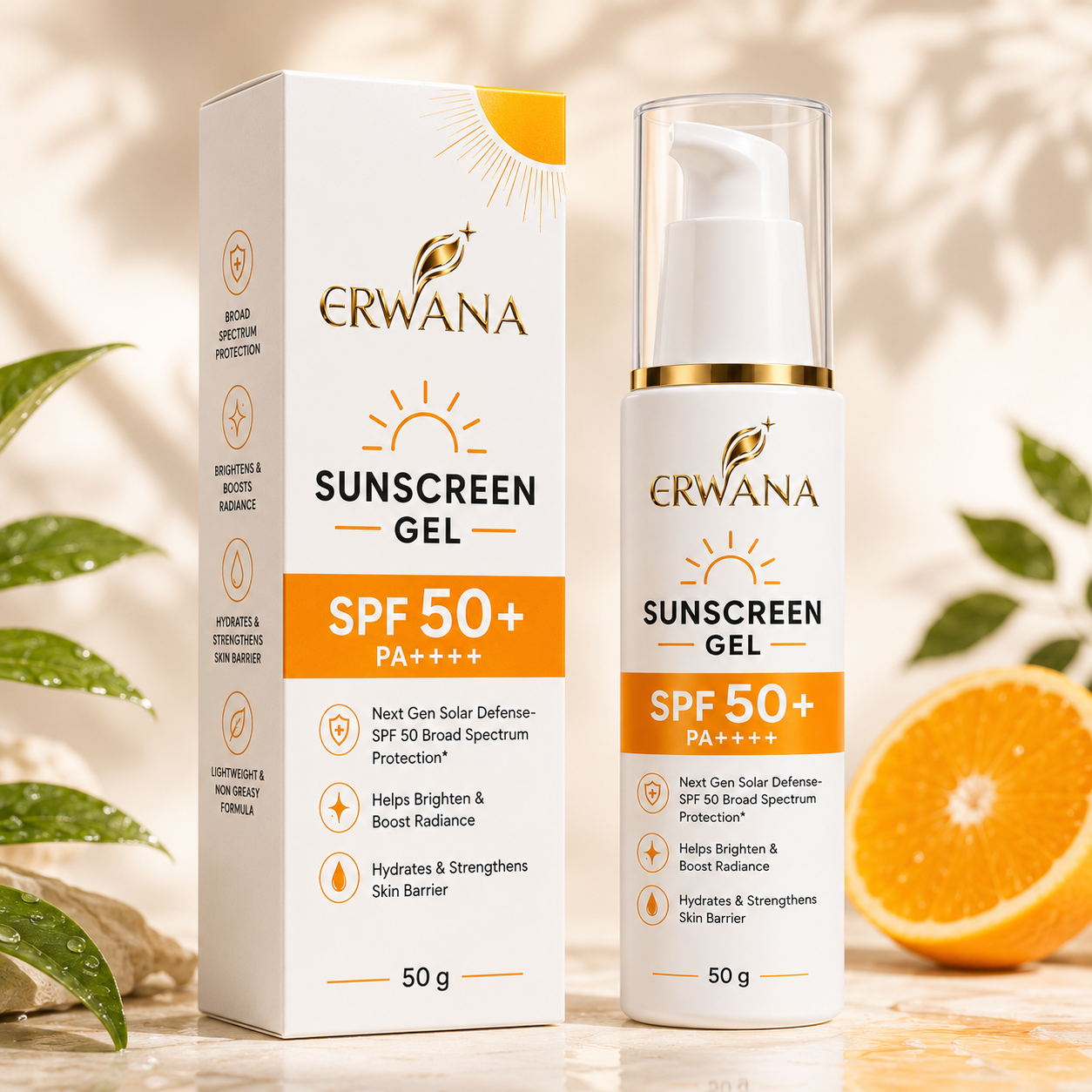 ERWANA Sunscreen Gel SPF 50+ PA++++ | Broad Spectrum UV Protection | Lightweight & Non-Greasy | 50g