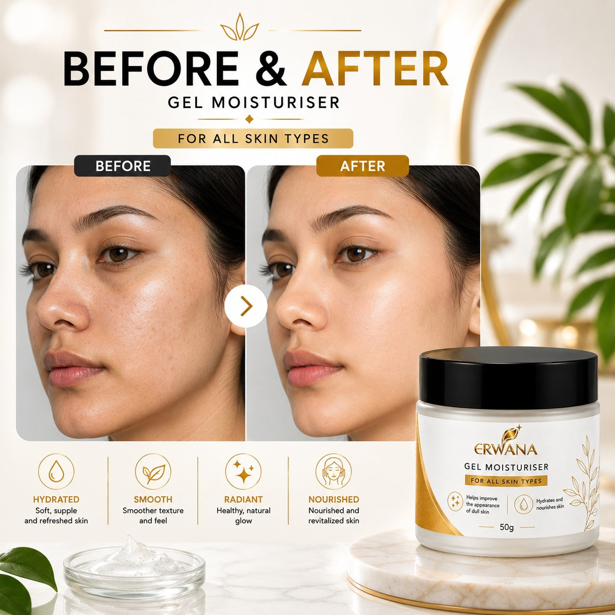ERWANA Gel Moisturiser | Lightweight Hydrating Face Gel for All Skin Types | 50g