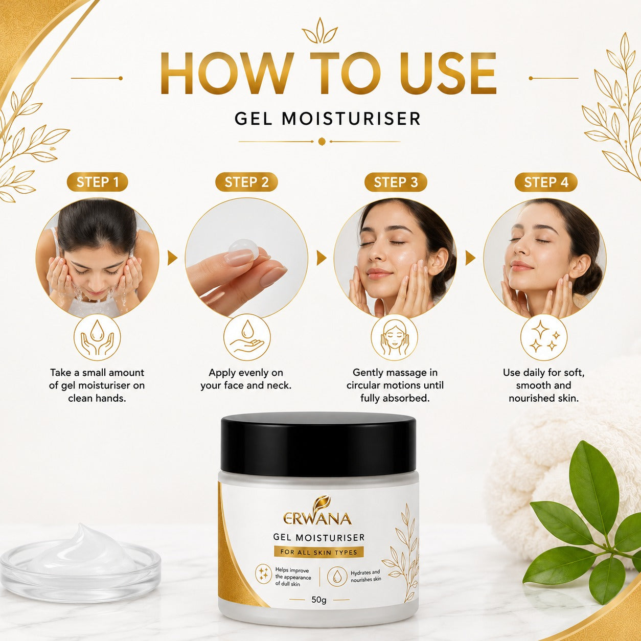 ERWANA Gel Moisturiser | Lightweight Hydrating Face Gel for All Skin Types | 50g